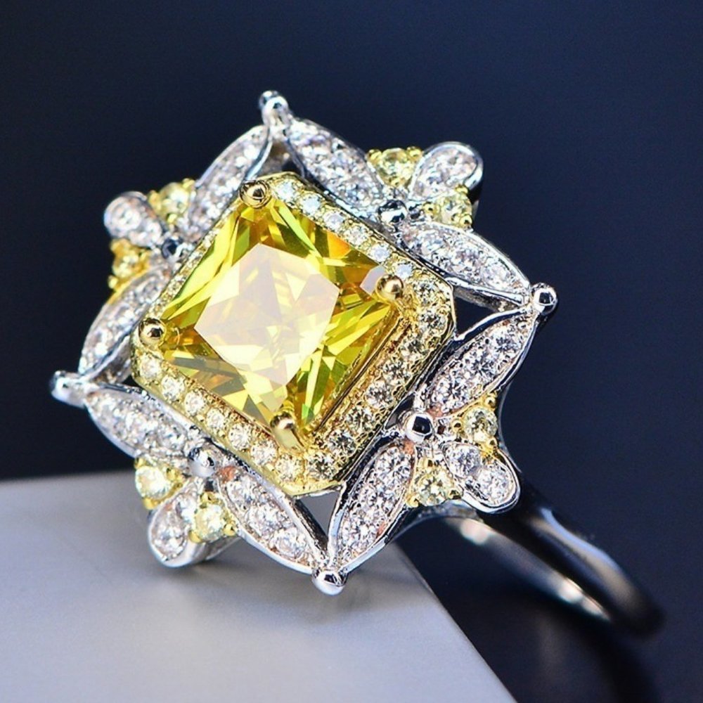 *NEW 925 Sterling Silver Citrine Diamond Halo Ring
